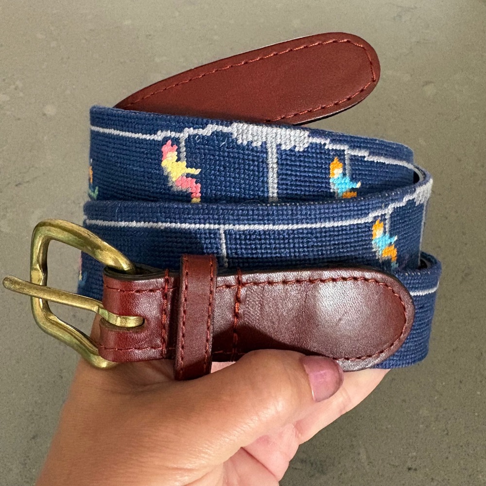 Smathers & Branson Men Needlepoint Belt Chairlift Skiing Navy Leather Brass 42